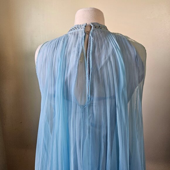 Vintage 70s Carroll's Blue Chiffon Pleated Babydoll Tent Trapeeze Mini Dress S - Picture 7 of 11